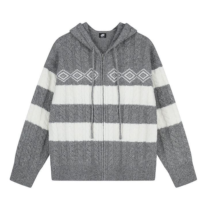 Women's chunky knit hooded cardigan with cable knit, block stripes, and full-length zipper Mune Fashion