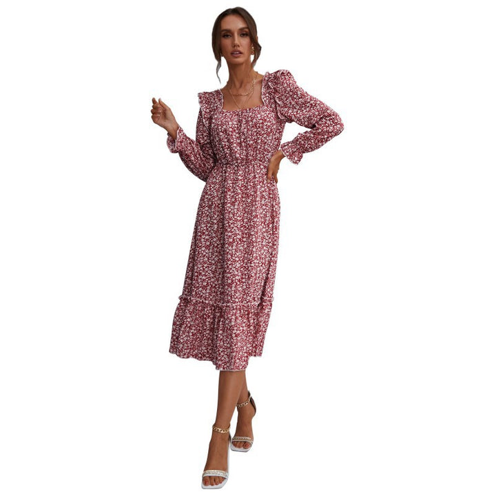 Women's midi dress in vintage style with square neckline, ruffles, and elastic waist Mune Fashion