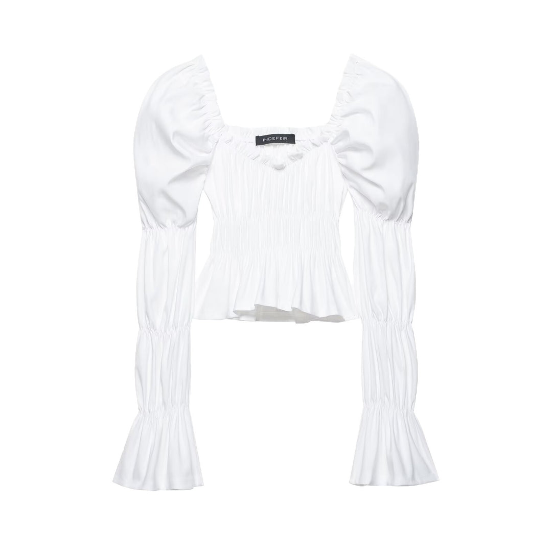 Women's Ruched Carmen Crop Top with Puff Sleeves, Smocked Waist and Tiered Sleeves Mune Fashion