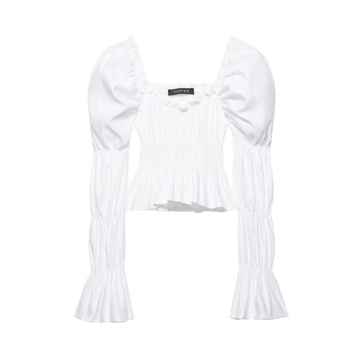 Women's Ruched Carmen Crop Top with Puff Sleeves, Smocked Waist and Tiered Sleeves Mune Fashion