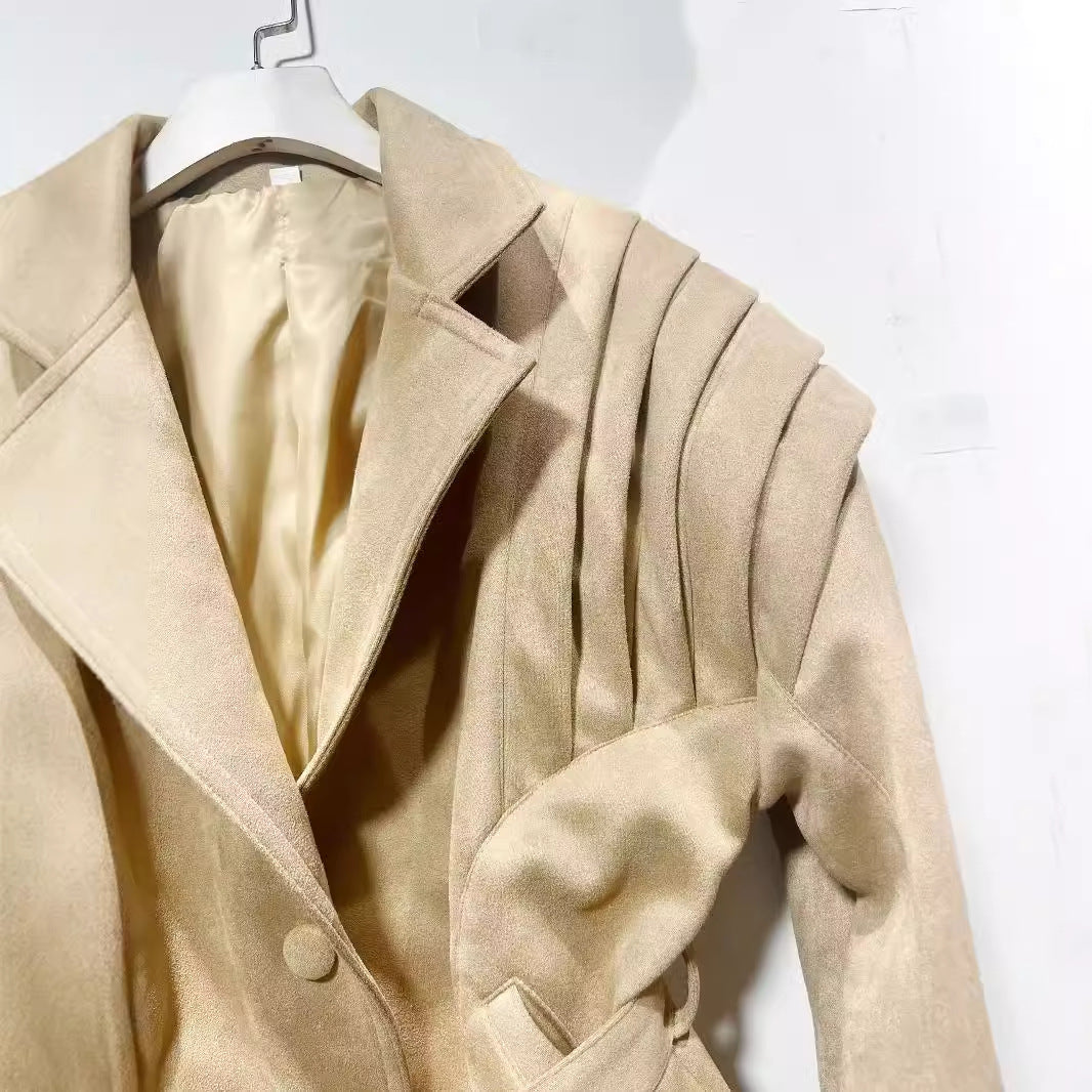 Women's tailored suede blazer with pleated shoulder details and tie belt Mune Fashion