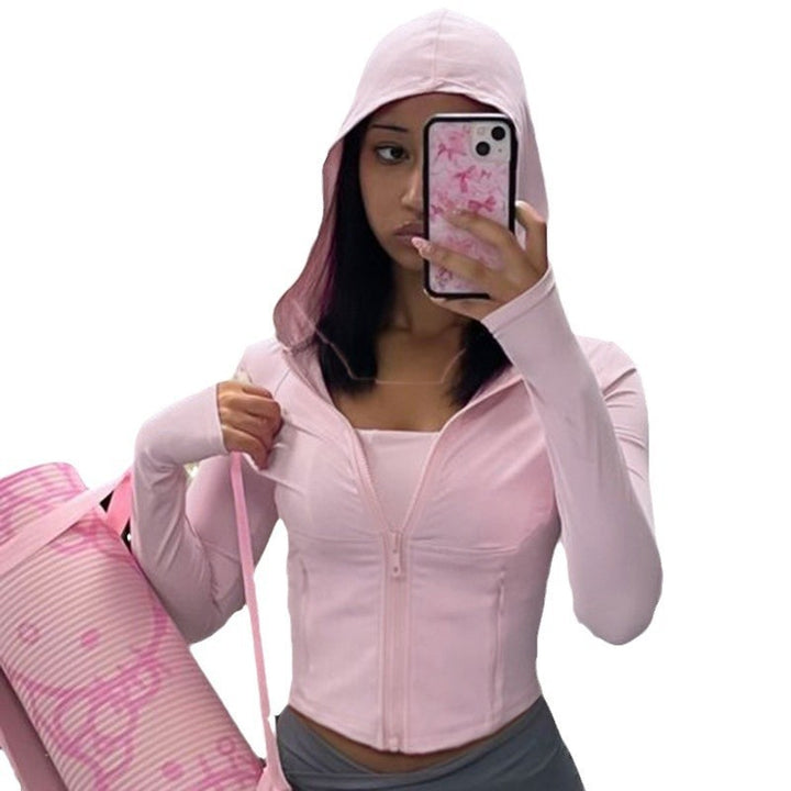 Women's cropped ribbed hoodie with half zipper, long sleeves and thumb hole Mune Fashion