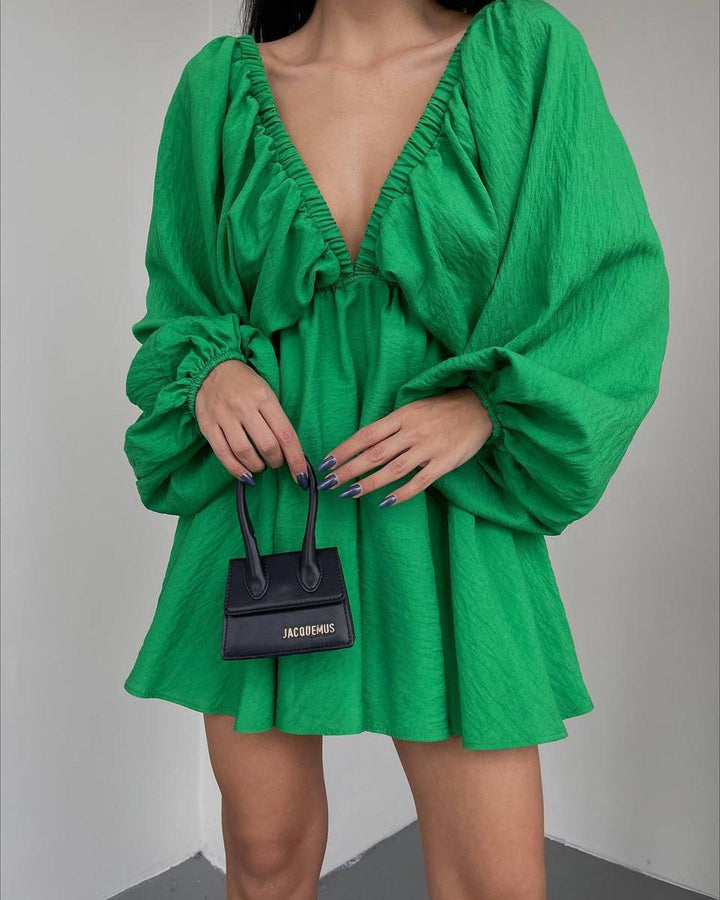 Women Loose Mini Dress with Deep V-Neck and Balloon Sleeves Mune Fashion
