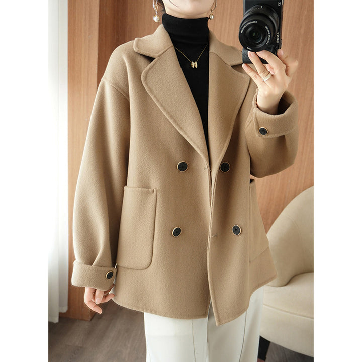 Women's Short Double-Breasted Wool Blend Coat with Notched Collar and Boxy Oversized Silhouette Mune Fashion