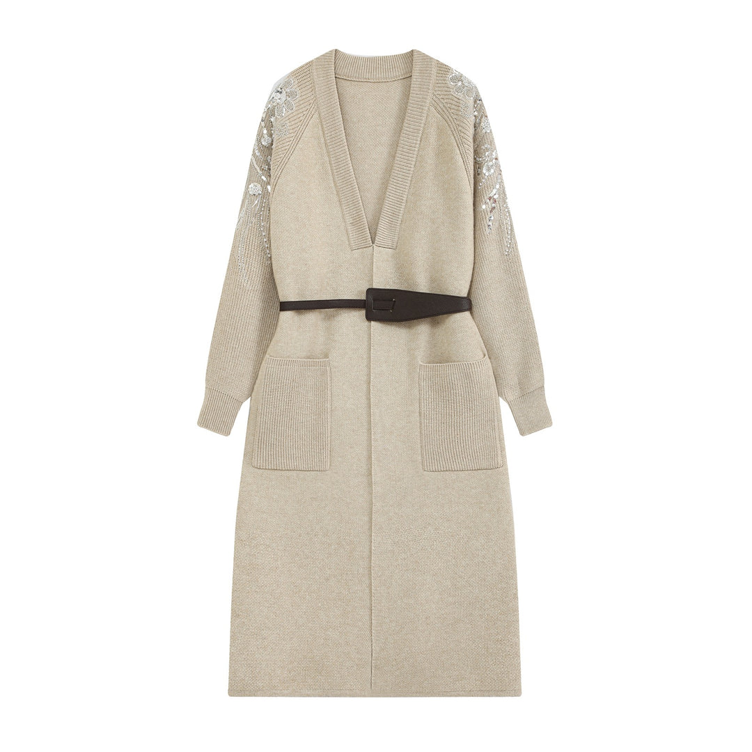 Ladies Long Cardigan with Belt, Deep V-Neck and Embroidered Sequin Sleeves Mune Fashion