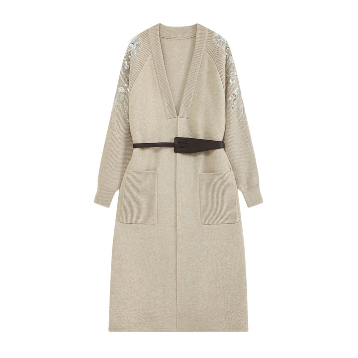 Ladies Long Cardigan with Belt, Deep V-Neck and Embroidered Sequin Sleeves Mune Fashion