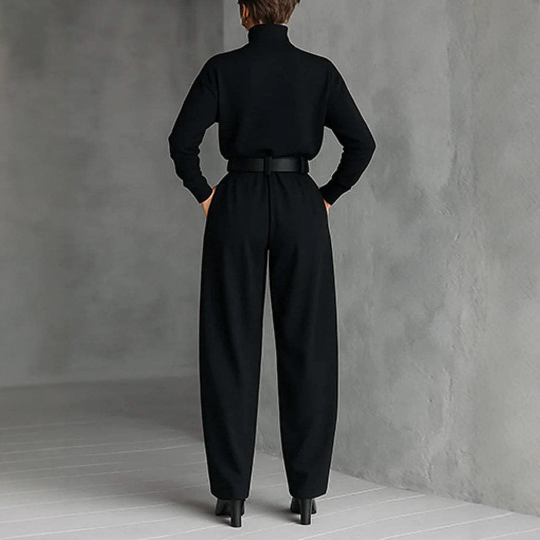 Ladies high-cut elegant pleated trousers with wide leg and roll-neck fine-knit top Mune Fashion