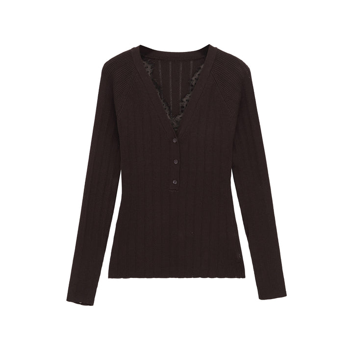 Women's Ribbed Long Sleeve Fine Knit Top with Deep V-Neck, Button Placket and Lace Trim Mune Fashion