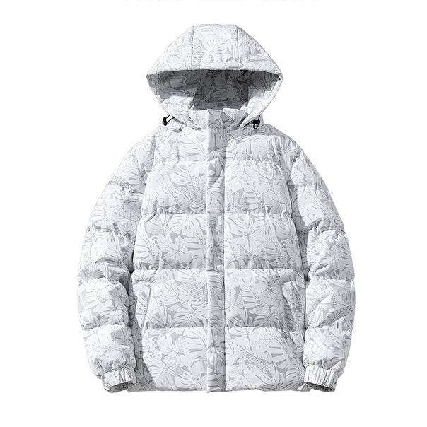 Men's nano quilted down look hooded jacket with botanical all-over print, wind-resistant outer shell and thermal synthetic filling Mune Fashion