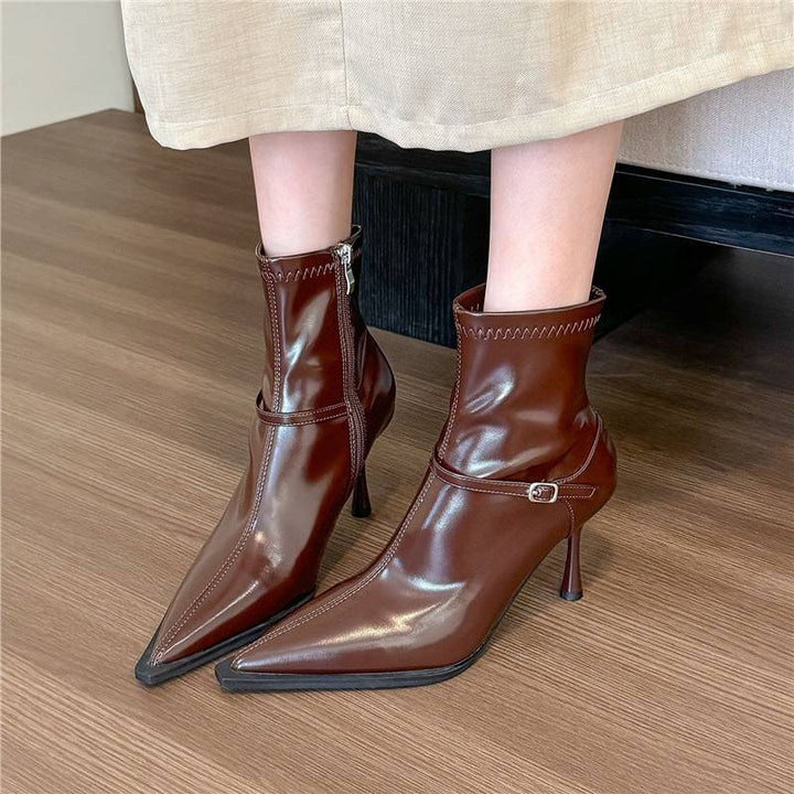Ladies elegant pointed toe ankle boots with sculpted stiletto and side zipper Mune Fashion
