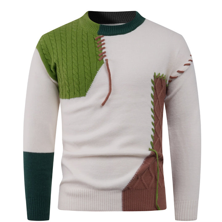 Men's Nan Patchwork Knit Pullover with Cable Knit Inserts and Decorative Seam Applications Mune Fashion