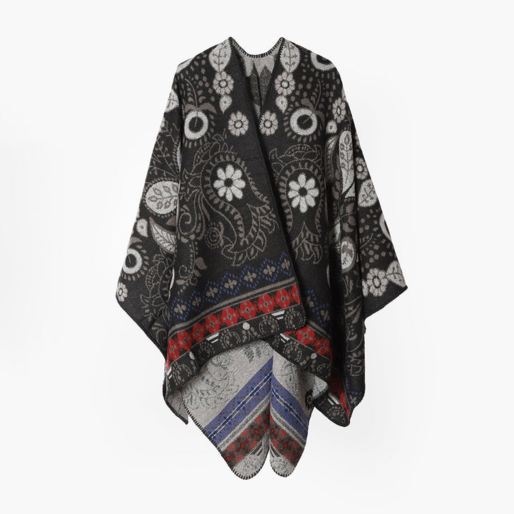 Women Oversize Jacquard Throw in Cape Style with Paisley and Floral Design Mune Fashion