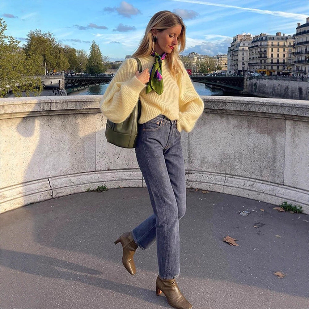 Women's Oversize Mohair Blend Sweater with Balloon Sleeves and Fine Rib Structure Mune Fashion