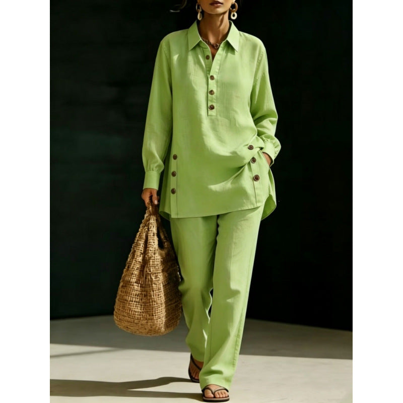 Women two-piece tunic set made of lightweight linen blend with shirt collar and side decorative buttons Mune Fashion