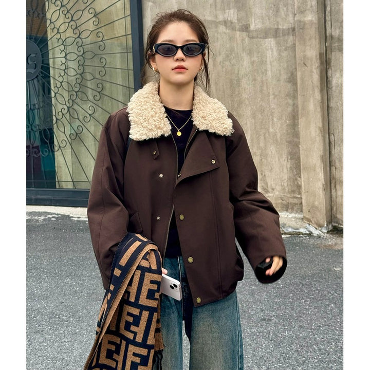 Ladies Short Oversize Boxy Jacket with Teddy Collar and Snap Button Closure Mune Fashion