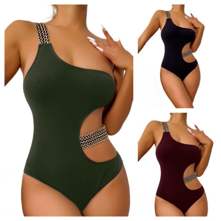 Women One-Piece Swimsuit with Asymmetric Cut-Out and Fashionable Chain Accents Mune Fashion