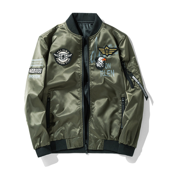 Men's  satin aviator patch bomber jacket with embroidered badges zip sleeve pocket and ribbed trims Mune Fashion