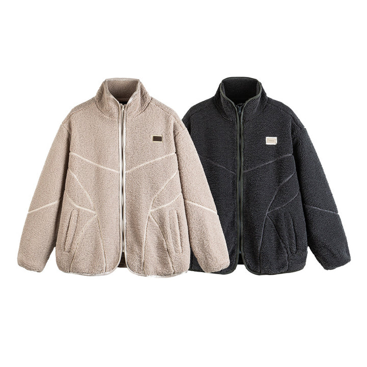 Unisex Teddy-Fleece-Bomber Jacket with Stand Collar and Geometric Seam Design Mune Fashion