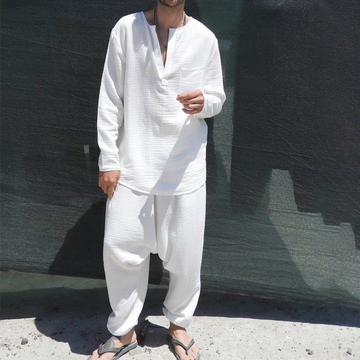 Men's Lightweight Cotton Gauze Leisure Set with Tunic and Harem Pants Mune Fashion