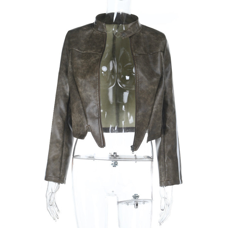 Women Short Cut Biker Jacket Made of Vintage-Look Faux Leather Mune Fashion