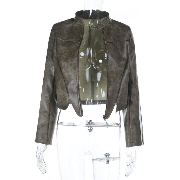 Women Short Cut Biker Jacket Made of Vintage-Look Faux Leather Mune Fashion