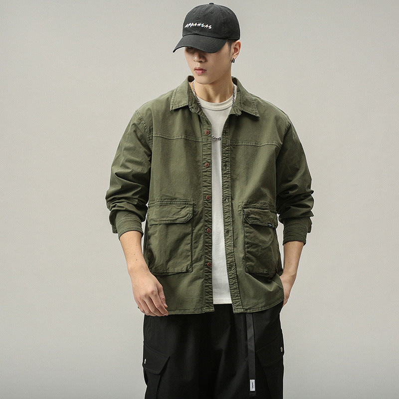 Men's Overshirt-Field Jacket in Utility Canvas with Large Flap Pockets and Shirt Collar Mune Fashion