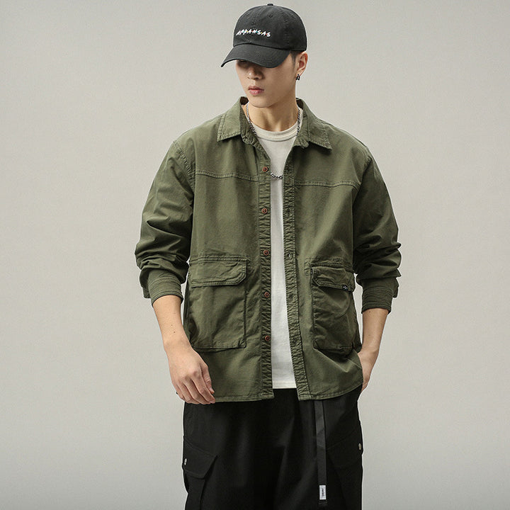 Men's Overshirt-Field Jacket in Utility Canvas with Large Flap Pockets and Shirt Collar Mune Fashion