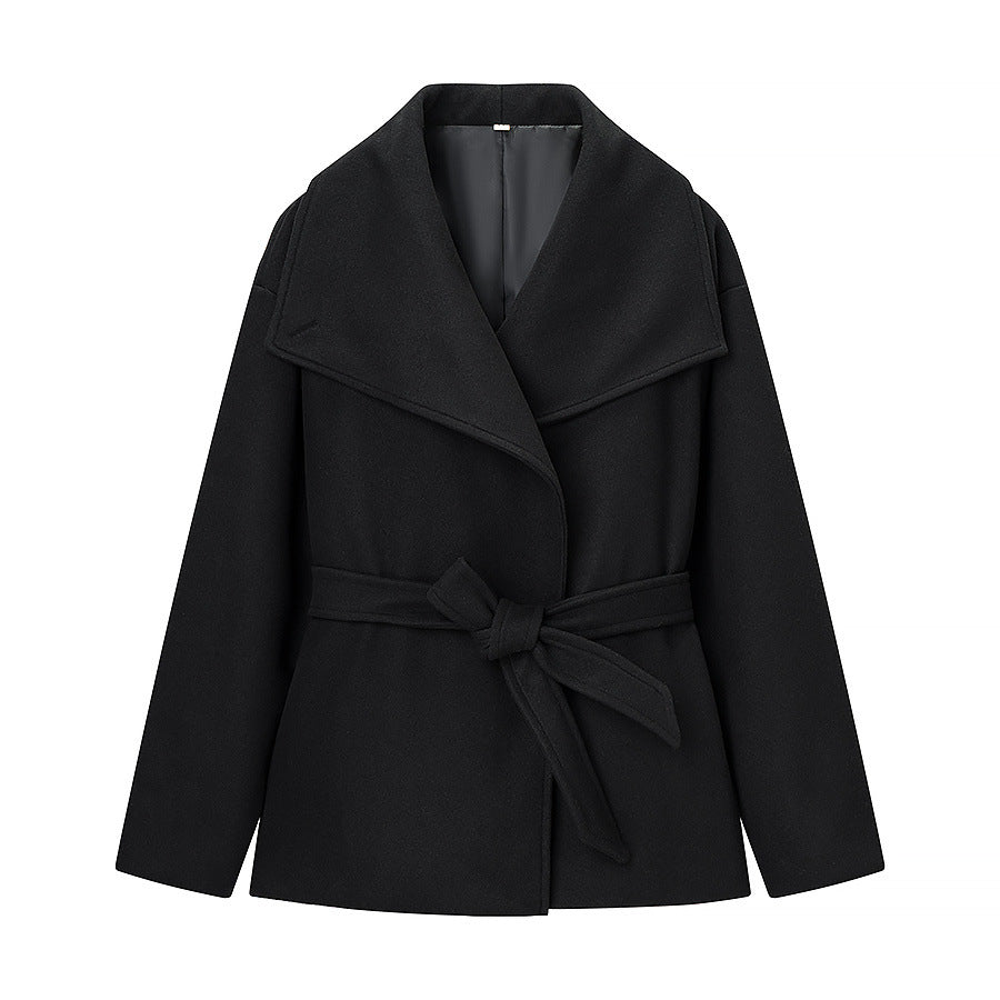 Women's Short Wrap Coat with Oversized Shawl Collar and Tie Belt Mune Fashion