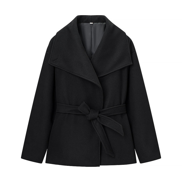 Women's Short Wrap Coat with Oversized Shawl Collar and Tie Belt Mune Fashion