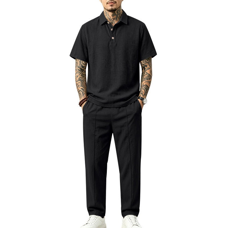 Men's Lightweight Linen Look Loungewear Set with Polo Collar and Pleats Mune Fashion