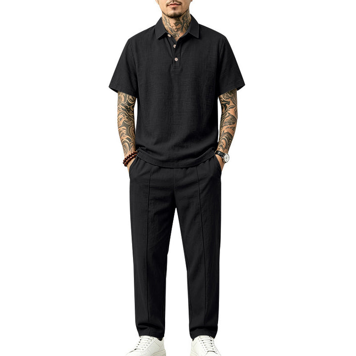 Men's Lightweight Linen Look Loungewear Set with Polo Collar and Pleats Mune Fashion