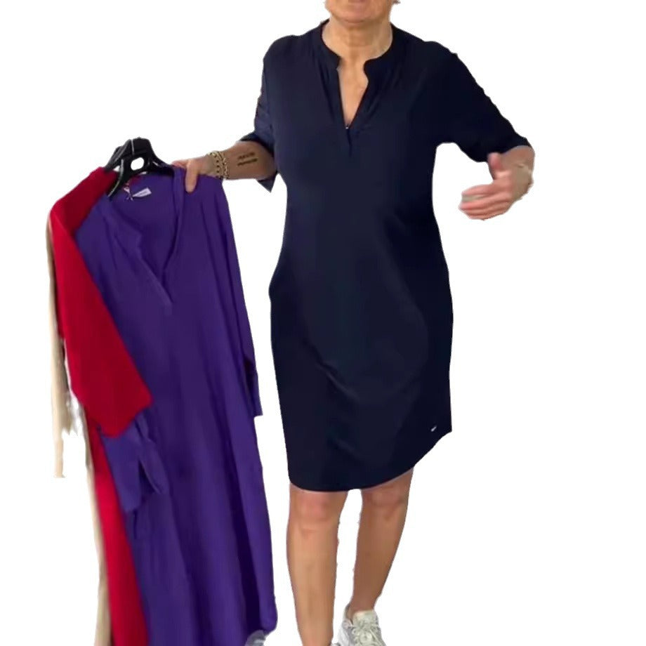 Women's knee-length casual jersey dress with stand-up collar and V-neck Mune Fashion