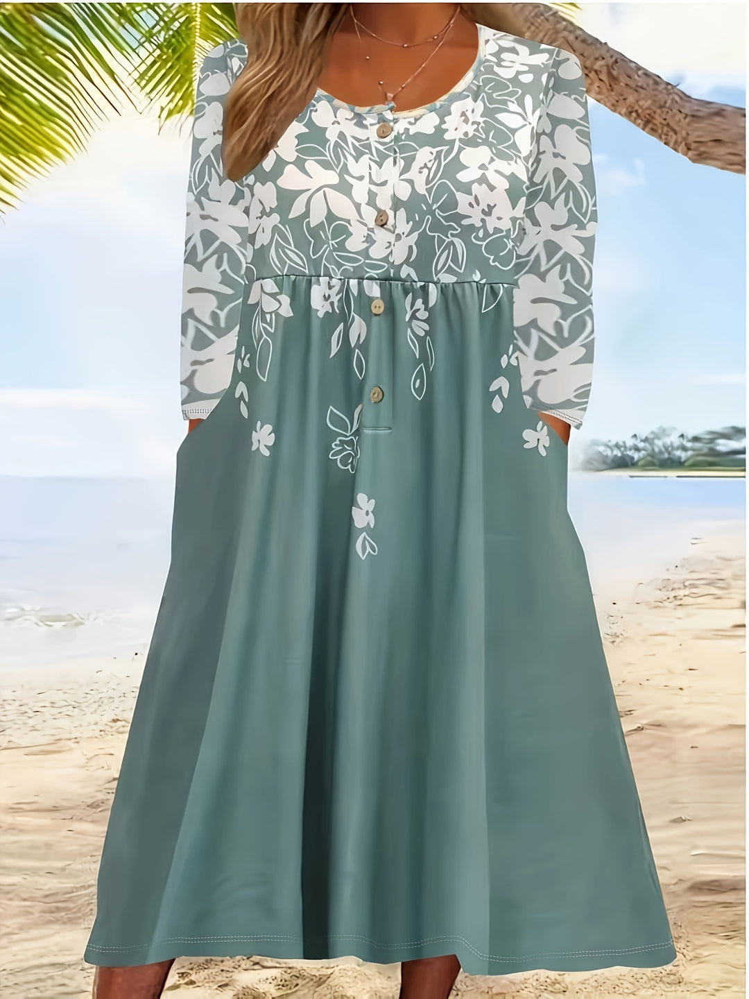 Ladies maxi dress with V-neck, floral print, button placket and side pockets Mune Fashion