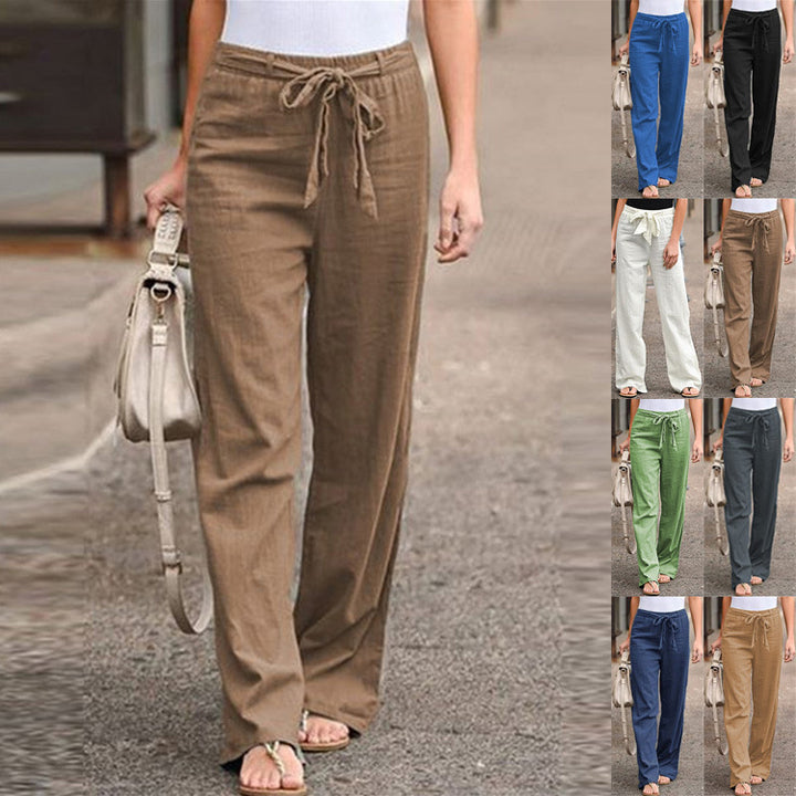 Women's Casual Linen Blend Wide Leg Pants with Drawstring Mune Fashion