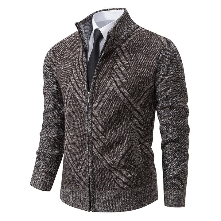 Men's Chunky Knit Zip Cardigan with Stand-Up Collar and Geometric Structure Pattern Mune Fashion
