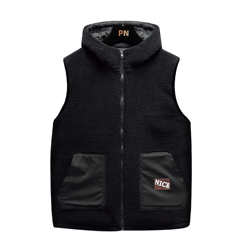 Men's Padded Teddy Fleece Vest with Hood, Full Zip and Letter Patch Mune Fashion