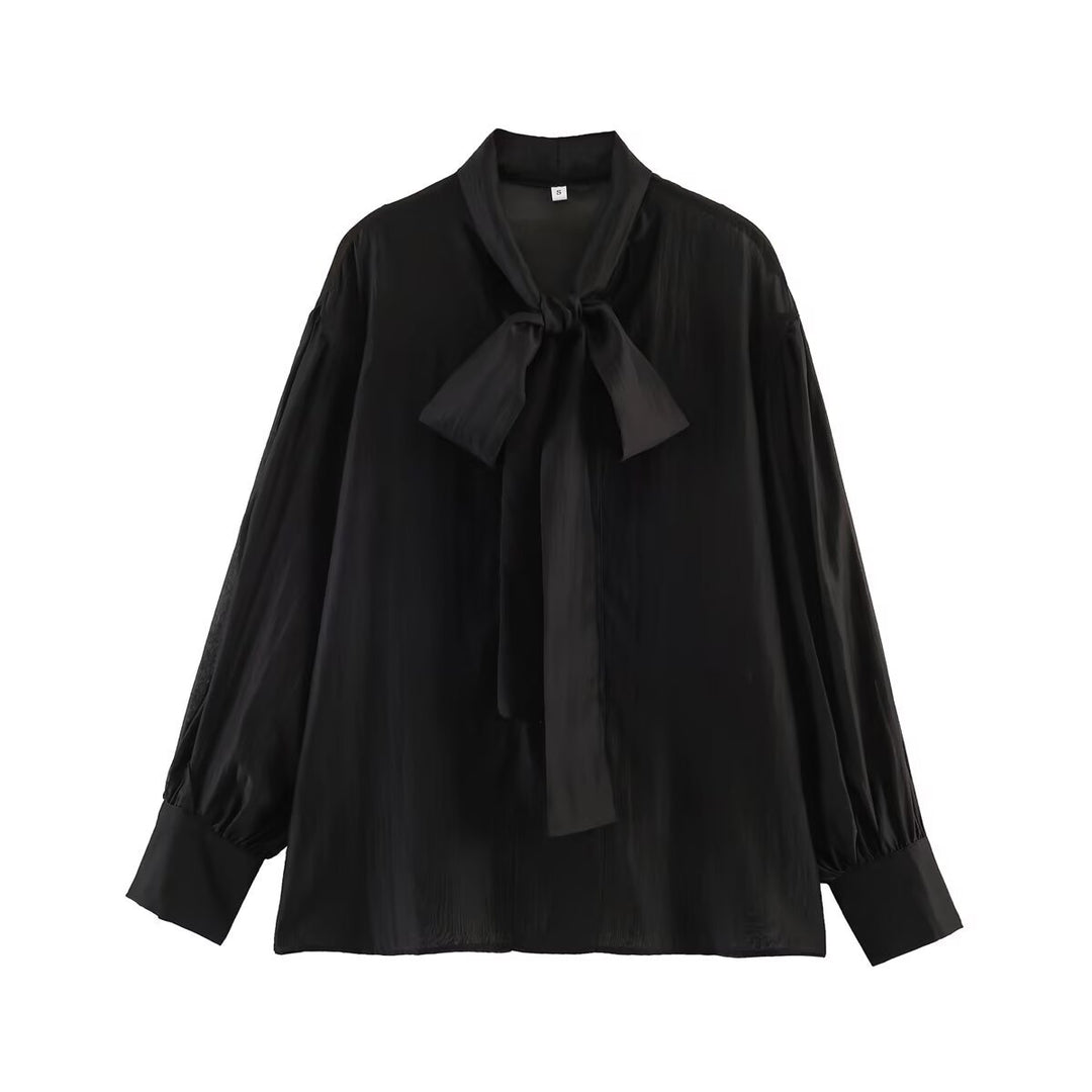 Women's tie blouse made of shiny satin with voluminous balloon sleeves Mune Fashion