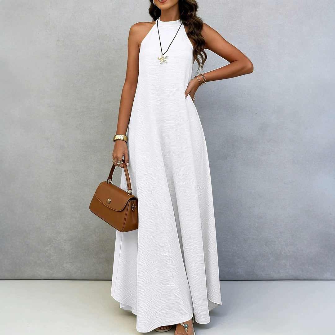 Women’s sleeveless maxi dress with high standing collar, flowing A-line and crepe texture Mune Fashion