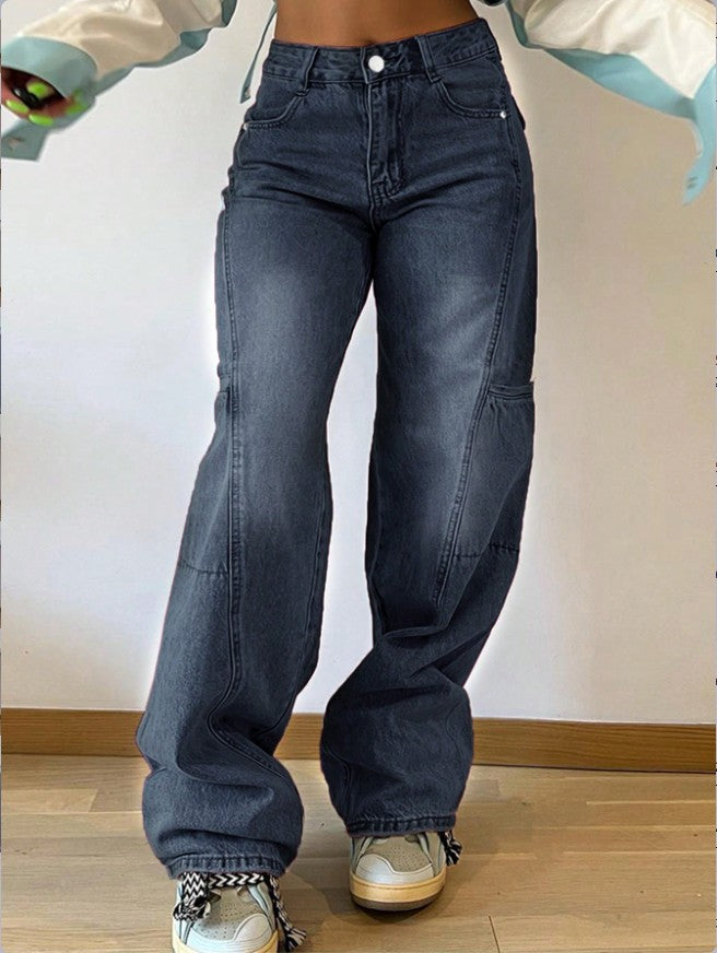Women's High-Waist Wide Cargo Denim Pants with Seam Panels and Baggy Silhouette Mune Fashion