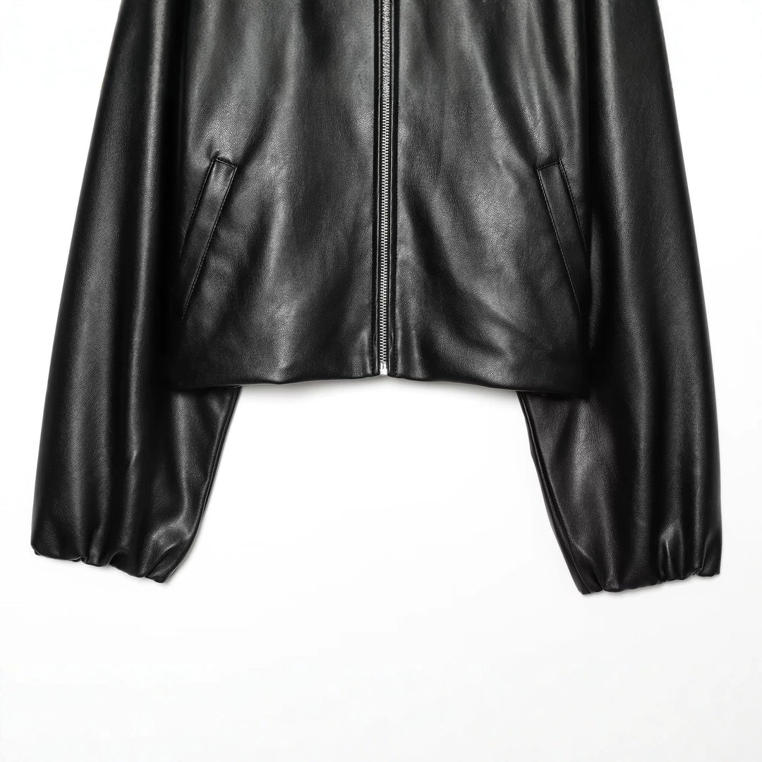 Ladies Cropped Faux Leather Jacket with Stand Collar and Zip Closure Mune Fashion