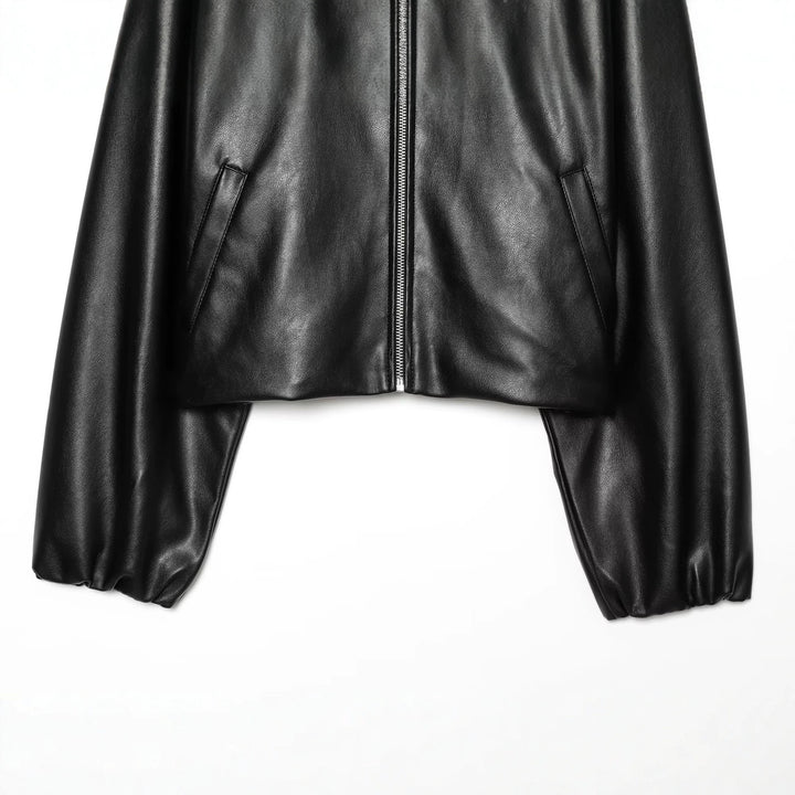Ladies Cropped Faux Leather Jacket with Stand Collar and Zip Closure Mune Fashion