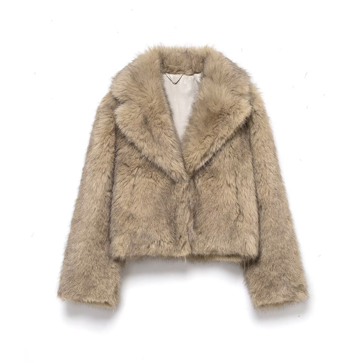 Women Short Cut Faux Fur Coat with Wide Lapel Collar Mune Fashion