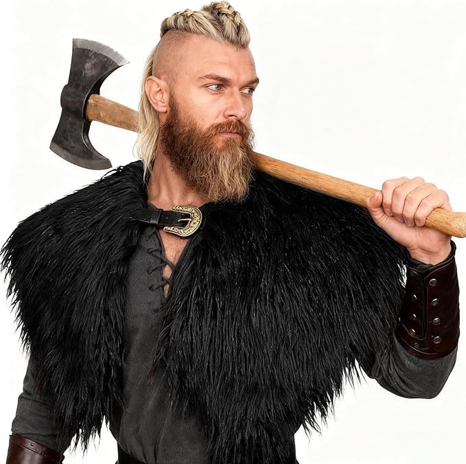 Men's shoulder cape made of faux fur in Viking style with adjustable buckle closure Mune Fashion