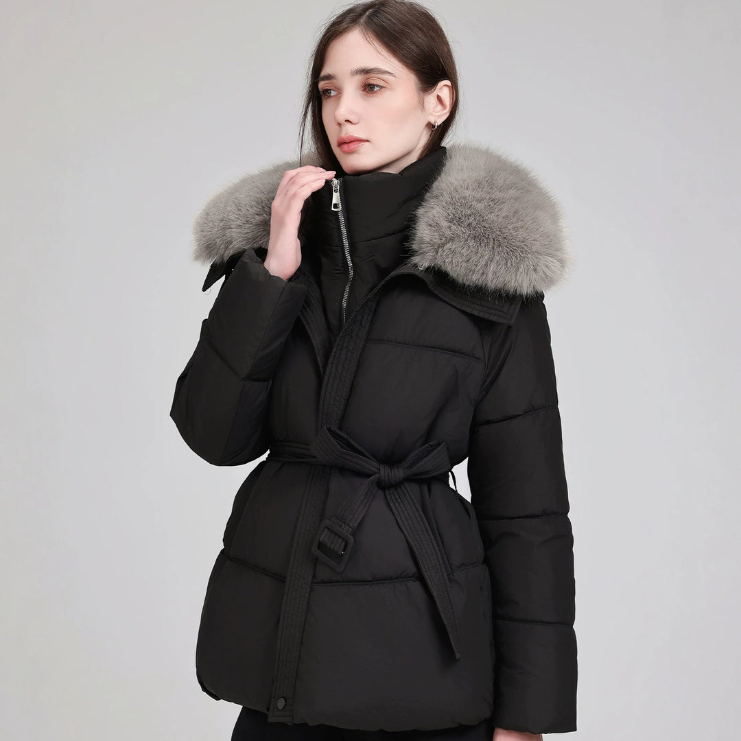 Women's Tailored Puffer Parka with Wrap Belt, High Stand-Up Collar and Voluminous Fur Collar Mune Fashion