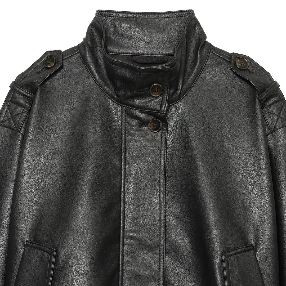 Women's Cropped Faux Leather Field Jacket with High Stand Collar, Shoulder Straps and Elastic Hem