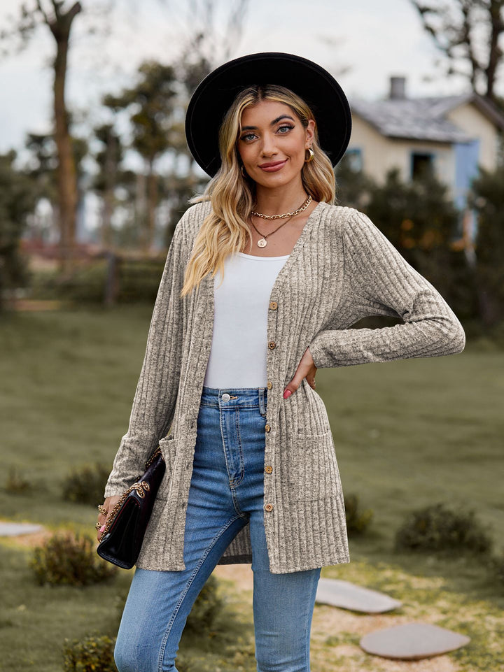 Women Long Cut Ribbed Knit Cardigan with Button Placket and Pocket Mune Fashion