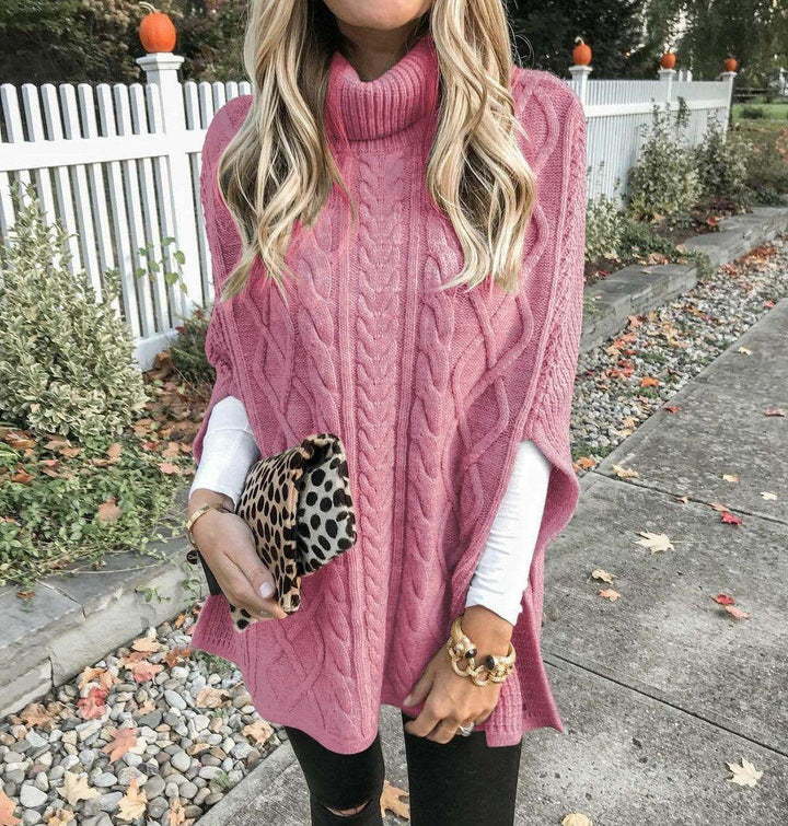Women's Chunky Knit Poncho with High Collar and Cable Design Mune