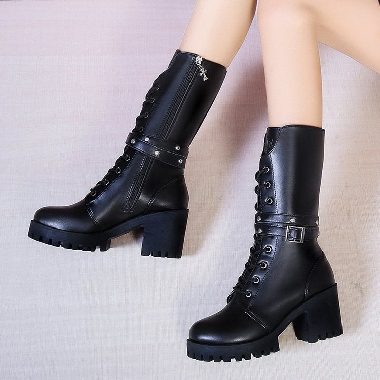 Women nano mid-height lace-up boots with tread sole, block heel and decorative strap Mune Fashion