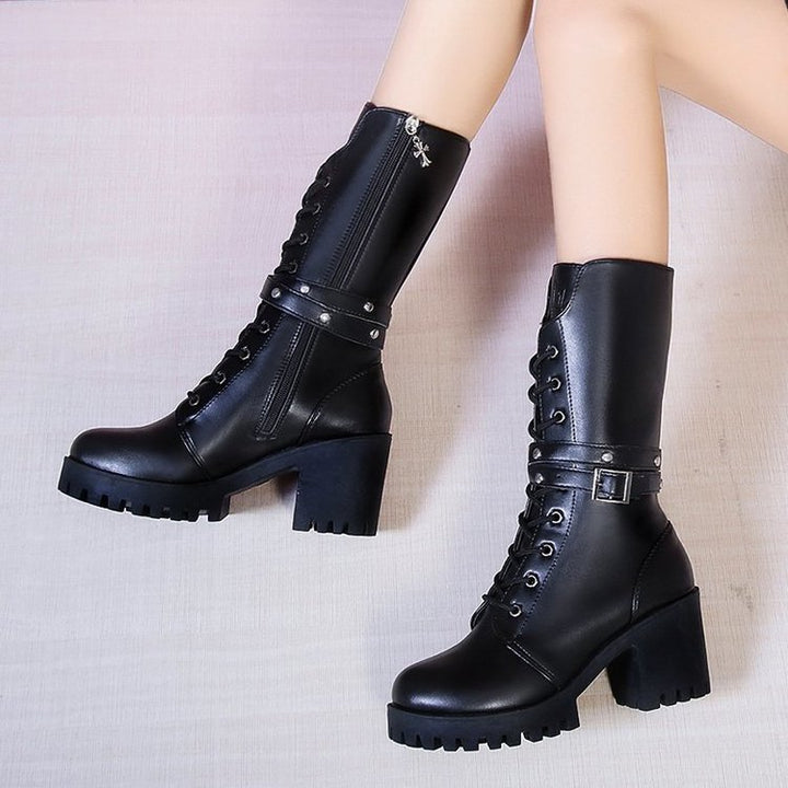 Women nano mid-height lace-up boots with tread sole, block heel and decorative strap Mune Fashion