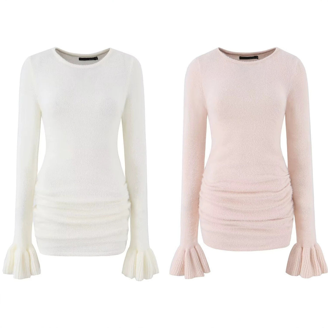 Women's figure-hugging fine knit sweater with gathered waist and flounce sleeves Mune Fashion